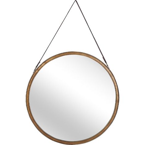 Beliani – Miroir mural rond doré 60 cm – Sangle en simili cuir marron – Style rétro pour salon, chambre ou entrée (1/6)
