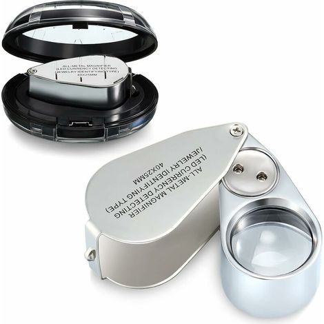 40-fache Vergrößerung, beleuchtete Juwelierlupe für Metall, faltbare Taschenlupe mit LED- und UV-Licht zur Untersuchung von Schmuck und Münzen (1/5)