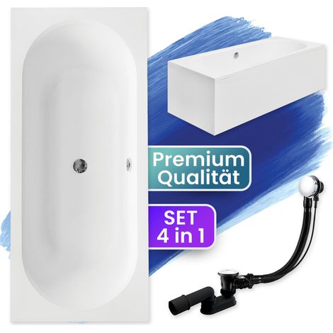 Badewanne Rechteck 170x75 mit AcrylSchürze, Ablaufgarnitur & Füßen GRATIS - Komplettset 4in1 Original Acryl Wanne Siphon - BADLAND VITAE (1/5)