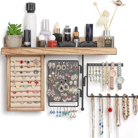 Rangement mural en bois 4 en 1, étagère vintage suspendue, support de rangement pour bijoux et accessoires (1/5)