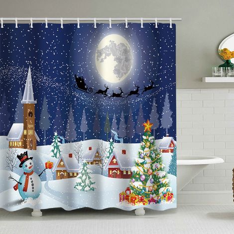 150 x 180 cm großer Duschvorhang mit Weihnachtsmotiv, Weihnachtsmann und Rentier, Badezimmer-Dekorationsset, wasserdichtes Material, inklusive 12 Haken