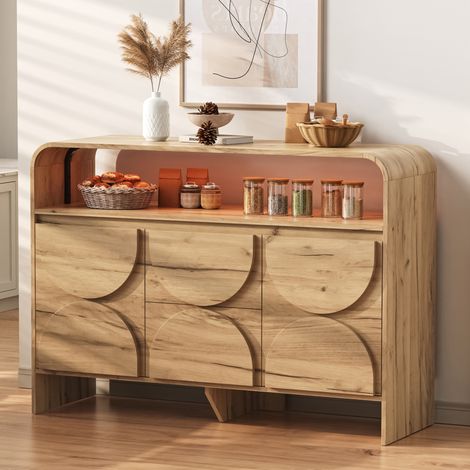 Credenza 120/40/86 cm effetto legno naturale con 2 cassetti, ripiani regolabili e illuminazione (1/5)