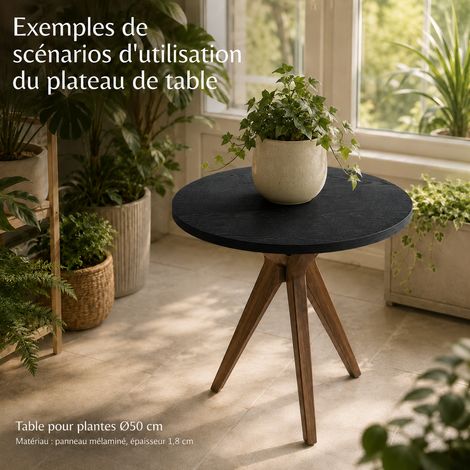 Lot de 2 plateaux de table ronds noirs en mélaminé Ø70 et Ø50 cm avec inserts filetés M6 pour bureau, salle à manger et terrasse (1/5)