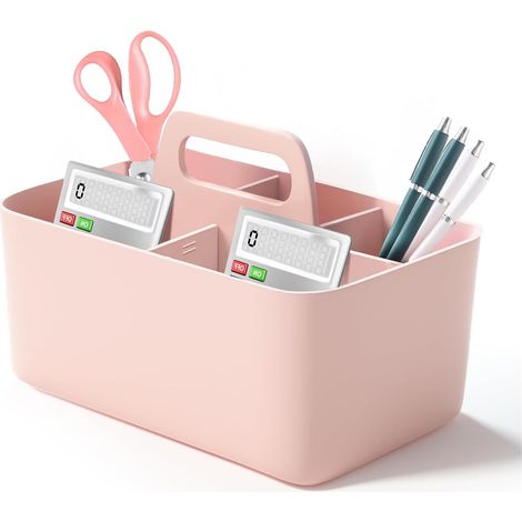 Organisateur rangement plastique rose, poignée/cloison amovible, bureaux/classes/armoires. (1/4)