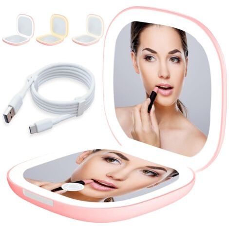 BUNTHAUS Miroir de poche LED avec grossissement 1X/10X, miroir grossissant avec lumière, miroir de voyage avec intensité variable et lumière LED double face, pliable, cadeau pour fille, rose (1/5)