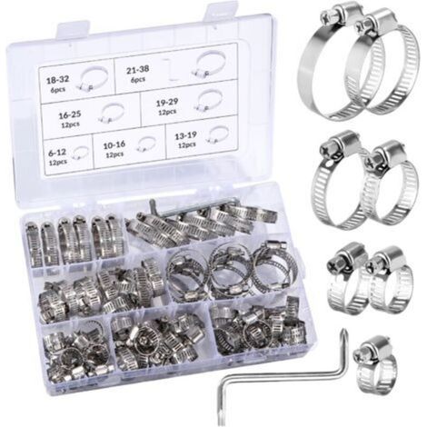 Verstellbare Schlauchschellen, Edelstahl-Schlauchschellen, Rohrschellen, 73 Stück pro Packung, 7 Größen (6–38 mm), geeignet für Wasserleitungen, Abflüsse usw. – Crezuo