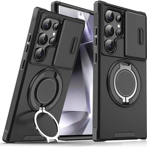 (Samsung S22 Ultra, Noir) Étui de téléphone à support magnétique coulissant pour Samsung, protégeant l'appareil photo.