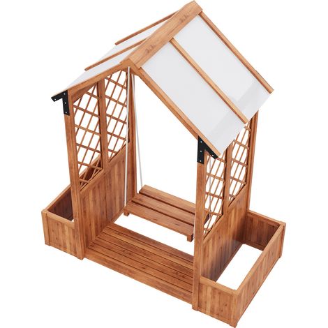 Bac à plantes, balançoire d'extérieur, jardinière avec treillis comme support de grimpe, avec toit pare-soleil en polycarbonate. Bac à fleurs, bois massif brun, adapté au jardin, à la cour et à la ter (1/5)