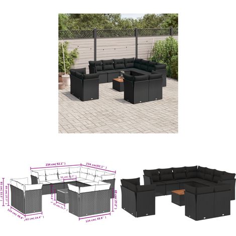 12-tlg. Garten-Sofagarnitur mit Kissen Schwarz Poly Rattan - Gartenmöbel - Outdoor Möbel - Rattan Gartenmöbel - Lounge Set - Esstischgarnitur - Home & Living (1/3)