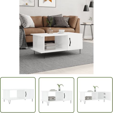The Living Store Table basse Blanc brillant 90x50x40 cm Bois d'ingénierie - Table Basse Blanche - Meuble Salon - Table D'appoint - Table Latéral - Rangement Maison (1/5)