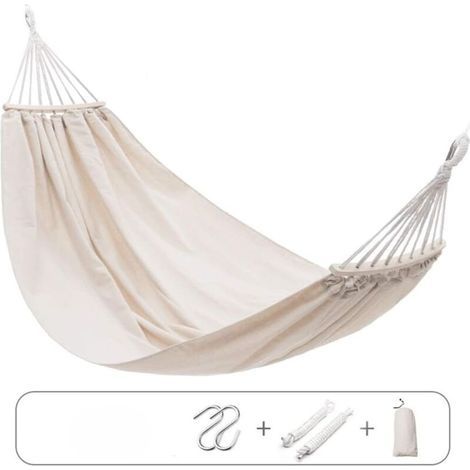 Garden Hammock with Curved Wooden Pole, Comfortable Portable Hammock with Belt Accessory, Carrying Case for Indoor/Outdoor Patio Garden Beach-190150cm (1/5)