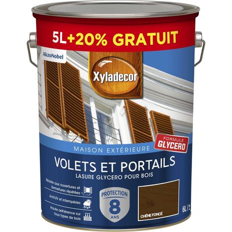 Lasure Protectrice pour Bois Extérieur Glycéro - Volets, Portails, Portes, Fenêtres - Couleur : Satin Chêne Fonce - Quantité : 5L plus 20% (1/5)