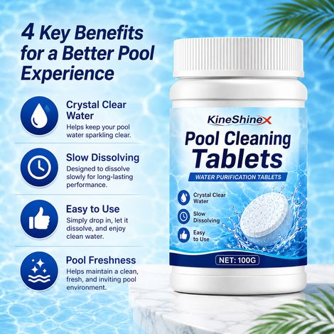 KineShineX Wasserreinigungstabletten sind einfach anzuwenden für Außenpools, Badewannen und Wasserspeicher. Diese Brausetabletten dienen der Wasserreinigung und sind leicht anzuwenden. (1/5)
