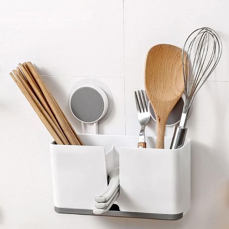 Soporte para utensilios de cocina sin necesidad de taladrar, escurridor de cubiertos con bandeja de goteo, cestas organizadoras de pared para cucharas, cuchillos y tenedores. (1/5)