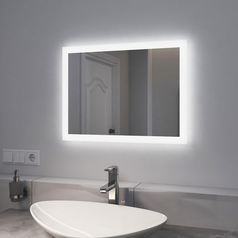 EMKE Miroir de salle de bain avec éclairage Miroir de salle de bain LED 60x45cm Interrupteur à bouton, Anti-buée Lumière Blanche Froide/Chaude (1/5)