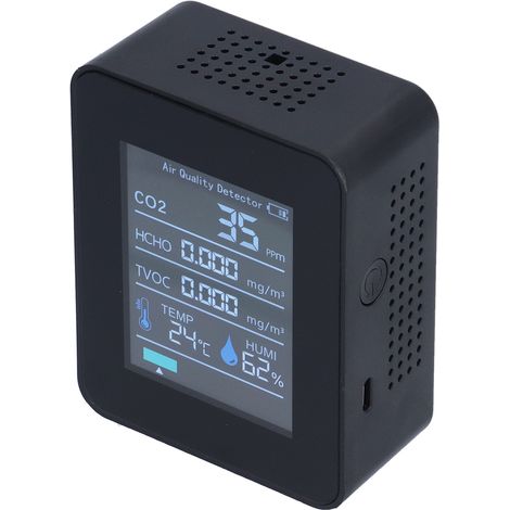 Détecteur intelligent 5-en-1 de qualité de l'air, CO2, température, humidité, formaldéhyde, TVOC, avec Bluetooth, rechargeable USB, batterie intégrée (modèle ZN-AZ-2CO3TB), noir. (1/5)