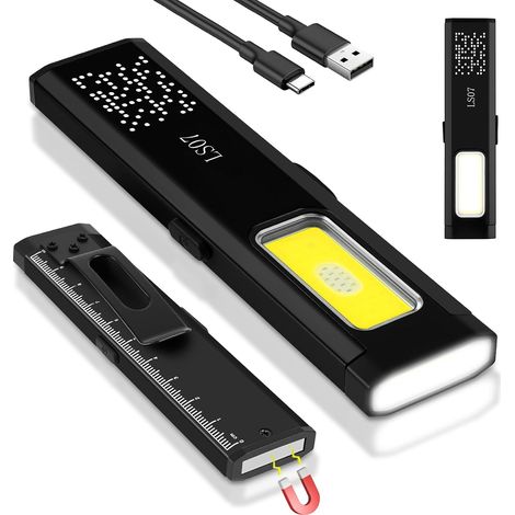 Mini Lampe de Poche Plate EDC, Cob Lampe de Travail, Mini Lampe Torche Lampe de Poche Rechargeable USB C avec Base Magnétique et Clip de Boucle, pour l'entretien, camping, randonnée, l'urgence (Noir) (1/5)