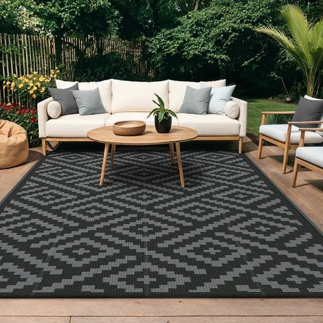 Tapis Exterieur Resistant Pluie Terrasse, Reversible Résistant aux UV Tapis Extérieur, Couverture de Pique-Nique Portable pour Jardin, Balcon, Camping, Barbecue, 120x180cm, Noir (1/5)