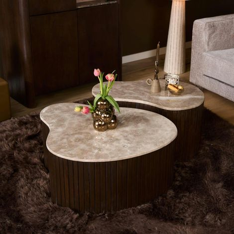 Table basse marbre et bois brun design organique 70 cm DUOMO (1/5)