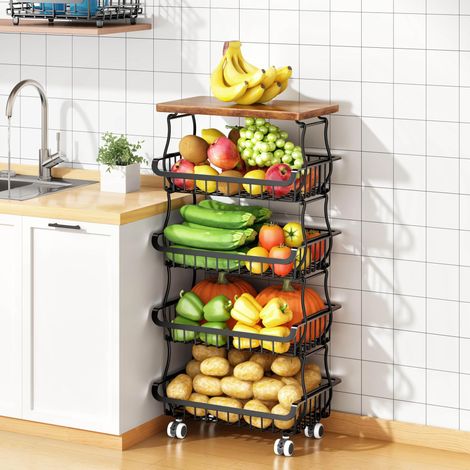 Corbeille à fruits à légumes à 5 niveaux pour cuisine, paniers de rangement empilables en métal avec roulettes roulantes, organiseurs de garde-manger et rangement pour cuisine, salon, buanderie (1/5)