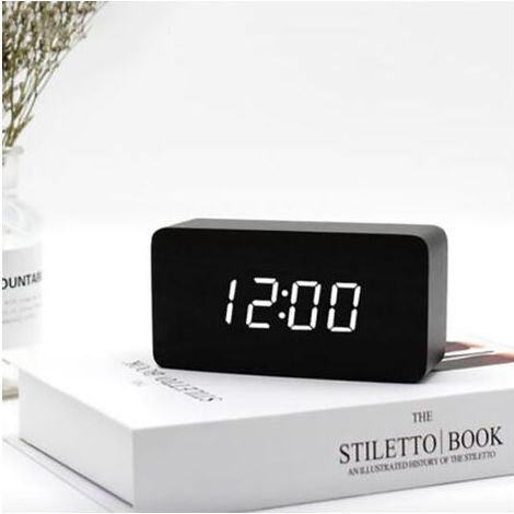 Numérique Réveil Bois Réglable Luminosité Contrôle Vocal LED Horloge Rectangle Affichage Temps Température Décor À La Maison-Enlé (1/3)