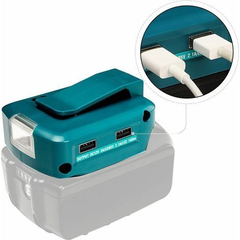 ADP05 Makita 14-18V Lithium-Ionen-Akku-Netzteil USB-Handyladegerät-Adapter mit zwei USB-Anschlüssen, 12V DC-Anschluss und 3W LED-Taschenlampe (1/4)