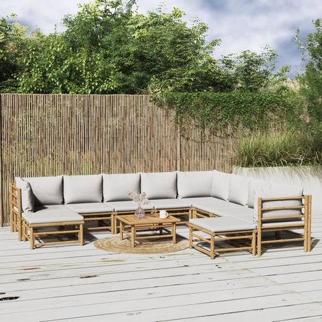 11-tlg. Garten-Lounge-Set mit Hellgrauen Kissen Bambus