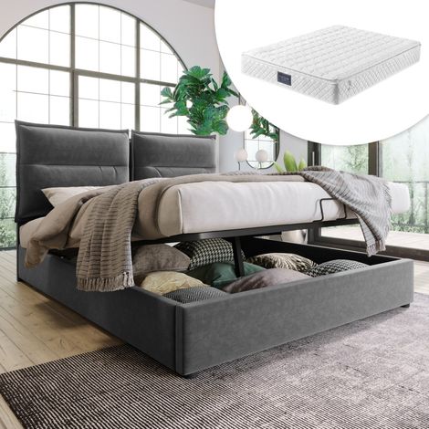 Lit double 140x200 hydraulique rembourré, tête de lit réglable, sommier métallique inclus, velours gris (avec matelas) (1/5)
