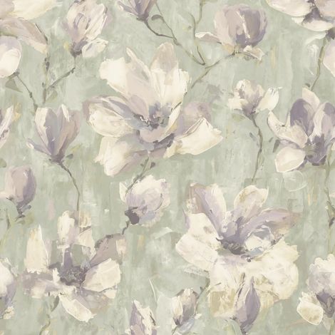 Sage Green Floral Wallpaper Grey Ivory Magnolia Flower Textured High Quality (1/3)