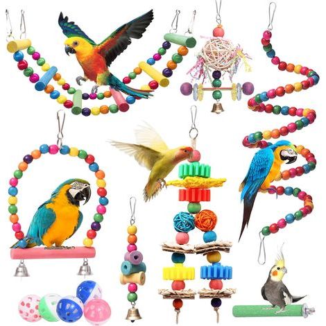 12 Jouets pour oiseaux, Balançoire, Échelle, Cloche, Perchoir, Bois naturel, Perruches, Calopsittes (1/5)