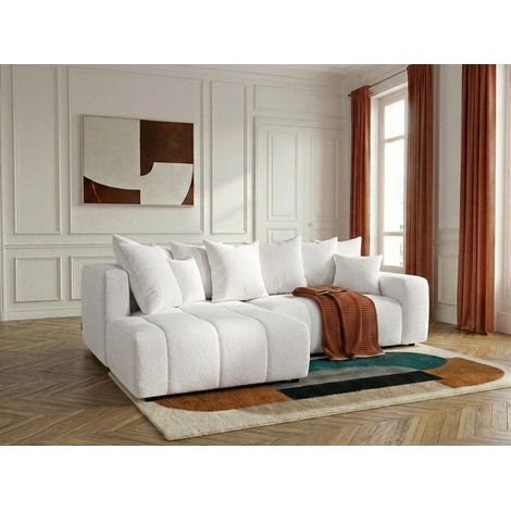 BOBOCHIC - Canapé d'angle L convertible coffre ROXELANE tissu bouclette Angle gauche Blanc (1/5)