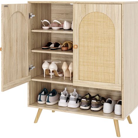 Buffet à chaussures d'entrée en rotin – 2 portes avec étagères réglables – Style bohème chic – Rangement idéal pour entrée, salon, salle à manger ou cuisine – Finition chêne clair (1/5)