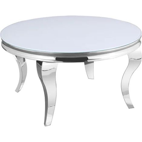 Table Basse BAROQUE Ronde Plateau Verre Trempé Blanc Structure Chrome D80x45cm (1/4)