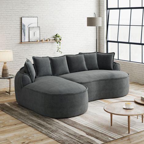 Rahmenloses Sofa, Chenille Stoff Cloud Sofa , L-Form mit extra tiefer Sitzfläche und breiten Armlehnen, mit Chaiselongue & Kissen, kein Aufbau nötig,Grau