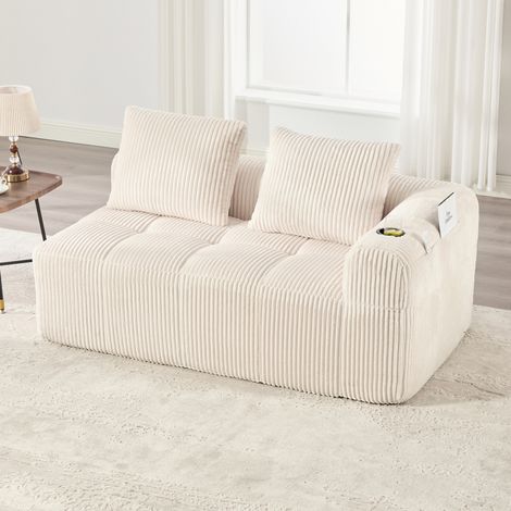 Divano 2 posti in corduroy beige 158 cm con tasche laterali e portabicchieri (1/5)