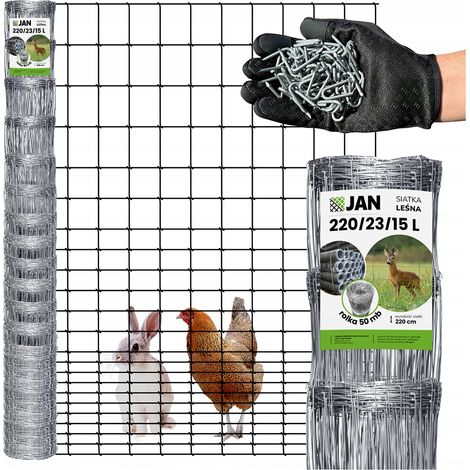 Clôture forestière - 220/23/15 L – Hauteur 220 cm – Rouleau de 50 m – Grillage galvanisé pour gibier – Zinc 80 g/m² – Agrafes fournies – Pour poules, sangliers et cerfs