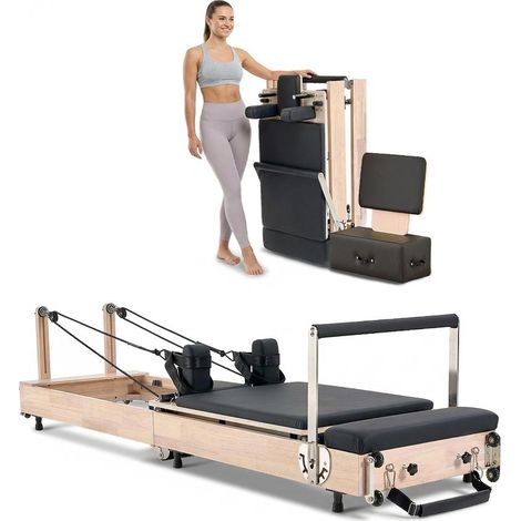 Structure en Bois Pliable Réformateur Pilates avec Double Résistance et Boîte d'Assise pour Gym à Domicile (1/5)