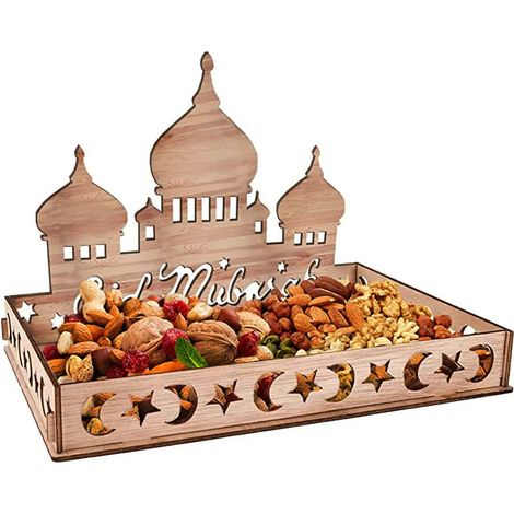 Plateau de service en bois pour l'Aïd Ramadan, motif lune et étoile Moubarak, plateau de cuisson pour desserts