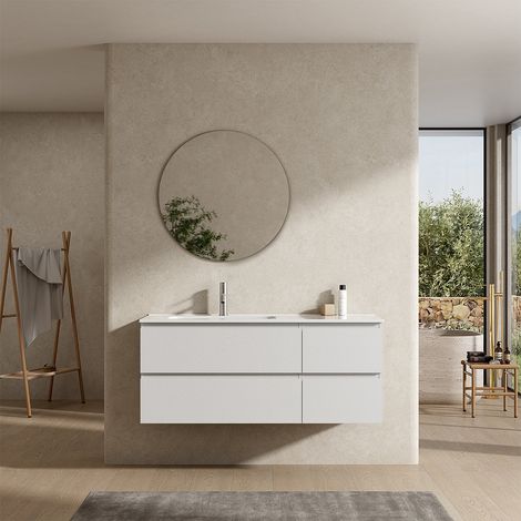 Mobile bagno sospeso 120 cm Bianco Lavabo a Sinistra in Ceramica Specchio Tondo - Fiji Wood (1/4)