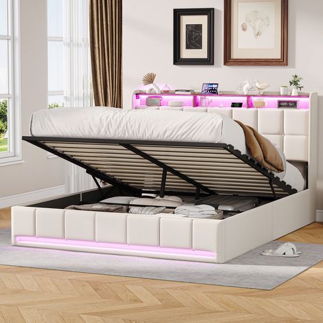 Lit coffre 160x200 cm - Lit double Moderne avec tête de lit de rangement, LED & USB/Type-C - Lin - Beige