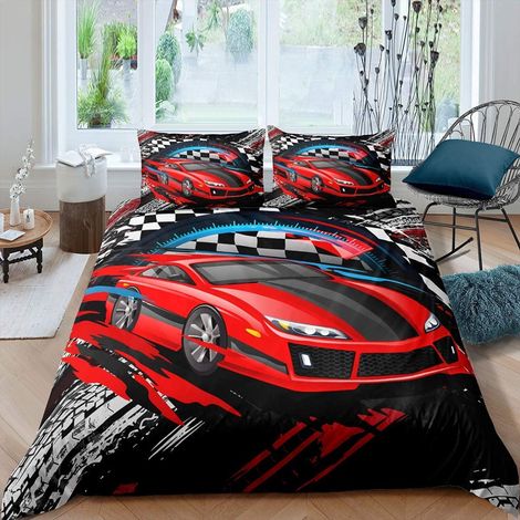 Parure de lit 135 x 200 cm avec housse de couette 135 x 200 cm et 1 taie d'oreiller, motif voiture de course et sports extrêmes, pour garçons et enfants adolescents, motif voiture de course (1/5)
