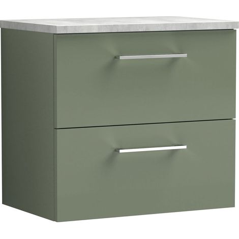 Nuie Arno Wall Hung 2-Drawer Vanity Unit with Bellato Grey Worktop 600mm Wide - Satin Green (1/5)