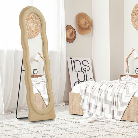 Espejo de Cuerpo Entero 160x50 cm Diseño Ondulado Marco con Tela de Terciopelo para Salón Dormitorio Beige (1/5)