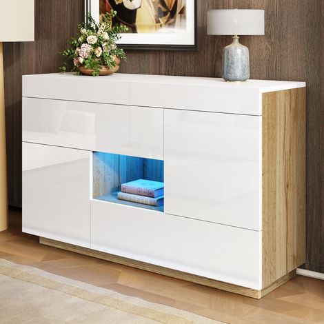 Weißes Hochglanz-Sideboard 120 x 76,5 x 37 cm mit LED, 2 Schubladen, 2 Türen, Nische HAVRYA (1/5)