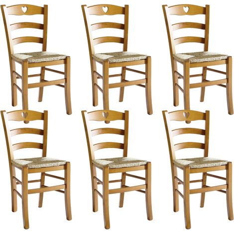 Altobuy – Lot de 6 chaises en hêtre massif teinté chêne – Assises en paille – Hauteur d'assise 46,5 cm – Dimensions 42,5 x 45,5 x H88 cm (1/2)