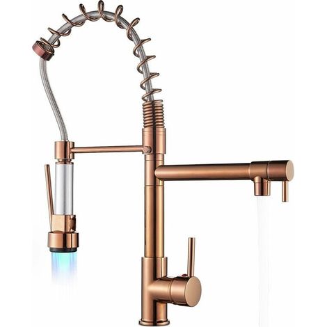 LED Kitchen Sink Mixer Tap rose gold, Spray 360 Degree Rotation Spout, with 3 Colour Temperature Display, Black Hose Single Handle Cold and Hot Water Brass Tap (1/5)