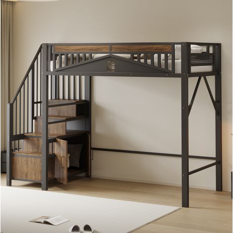 MEUBLIV Lit mezzanine 90x200 cm noir – escalier avec rangement, sans matelas (1/5)
