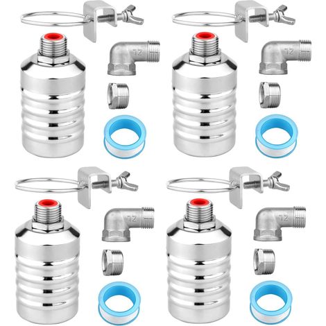 Kit de 4 Vannes à Flotteur d'Eau, 1/2" à 3/4'' en Acier Inoxydable Vanne Flotteur de Contrôle Automatique Du Niveau d'Eau pour Aquarium Piscine Abreuvoir Bétail Distillateur (1/5)