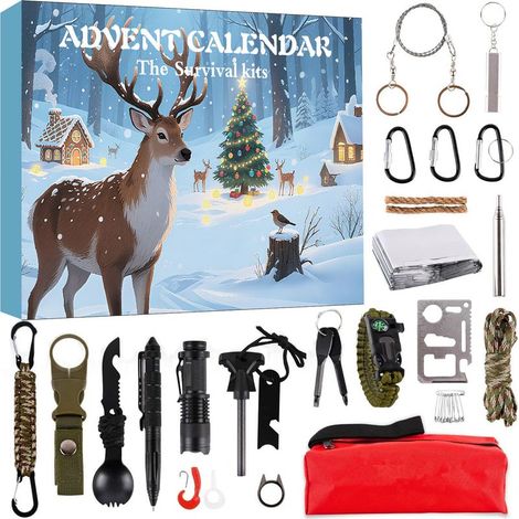 Calendrier de l’Avent kit de survie, coffret surprise 24 jours Noël, outils tactiques extérieurs pour camping randonnée, boîte mystère accessoires urgence, cadeau original pour aventuriers et amateurs (1/4)