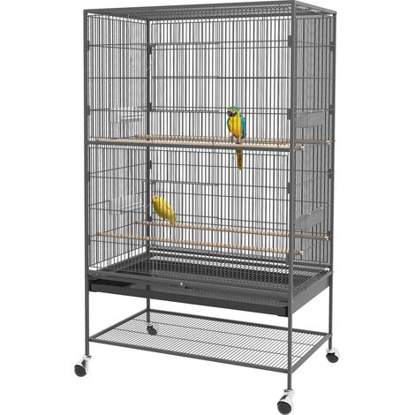 Cage à oiseaux avec perchoirs jouets plateau amovible étagère grise (1/5)